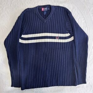 Chaps Ralph Lauren Blue and White V-Neck Sweater Pullover Men’s XL Y2K 90’s